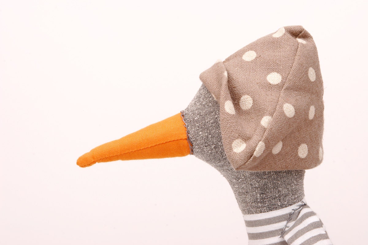 Orange beak light - gray Bird,  With  brown Dotted hat  , Wearing White & gray stripes Shirt  and  Jeans  -handmade doll