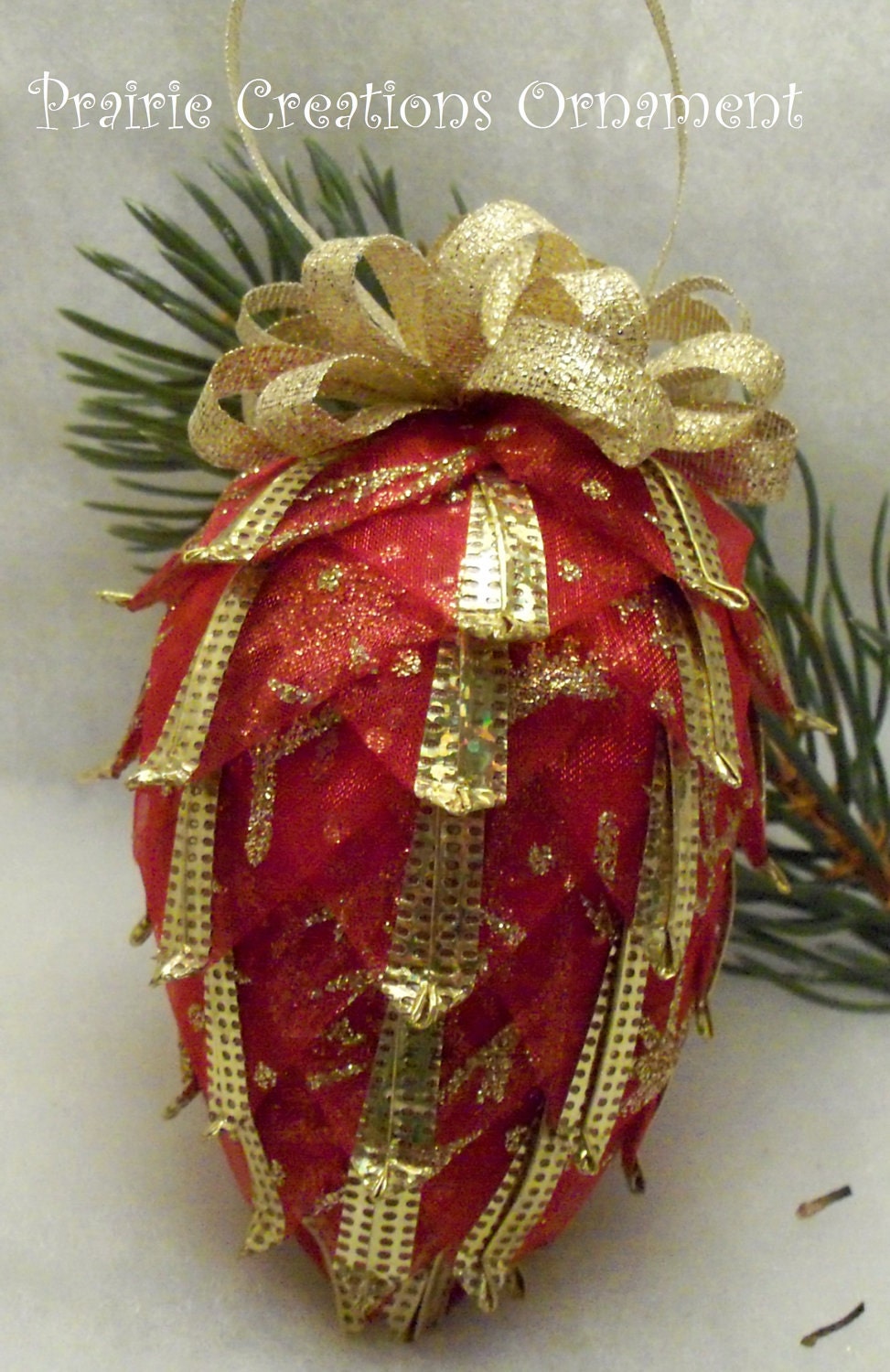 Quilted Ornament Pinecone Sparkling Red and Gold Ribbon Christmas Decor