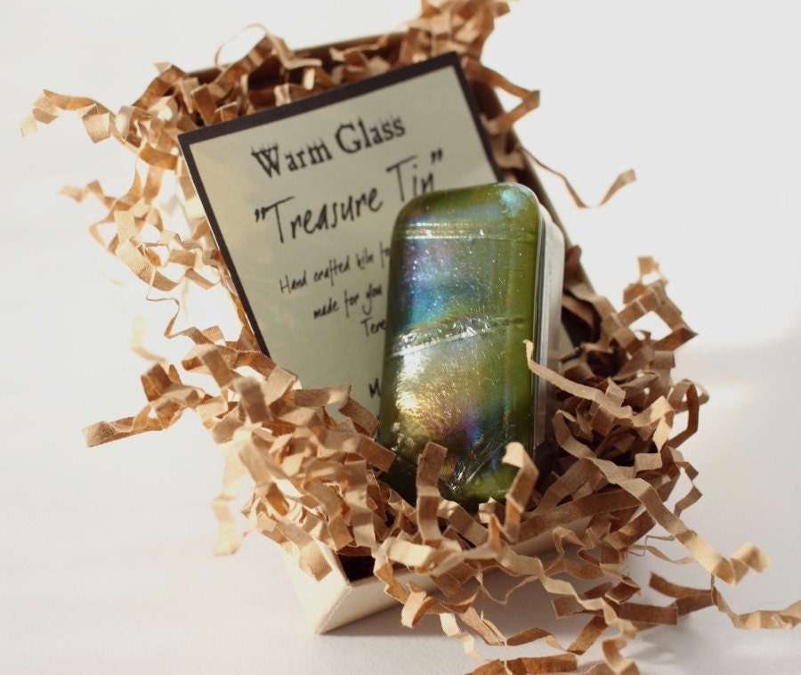 Fused Glass Slide Top Treasure Tin Forest Green -  Small