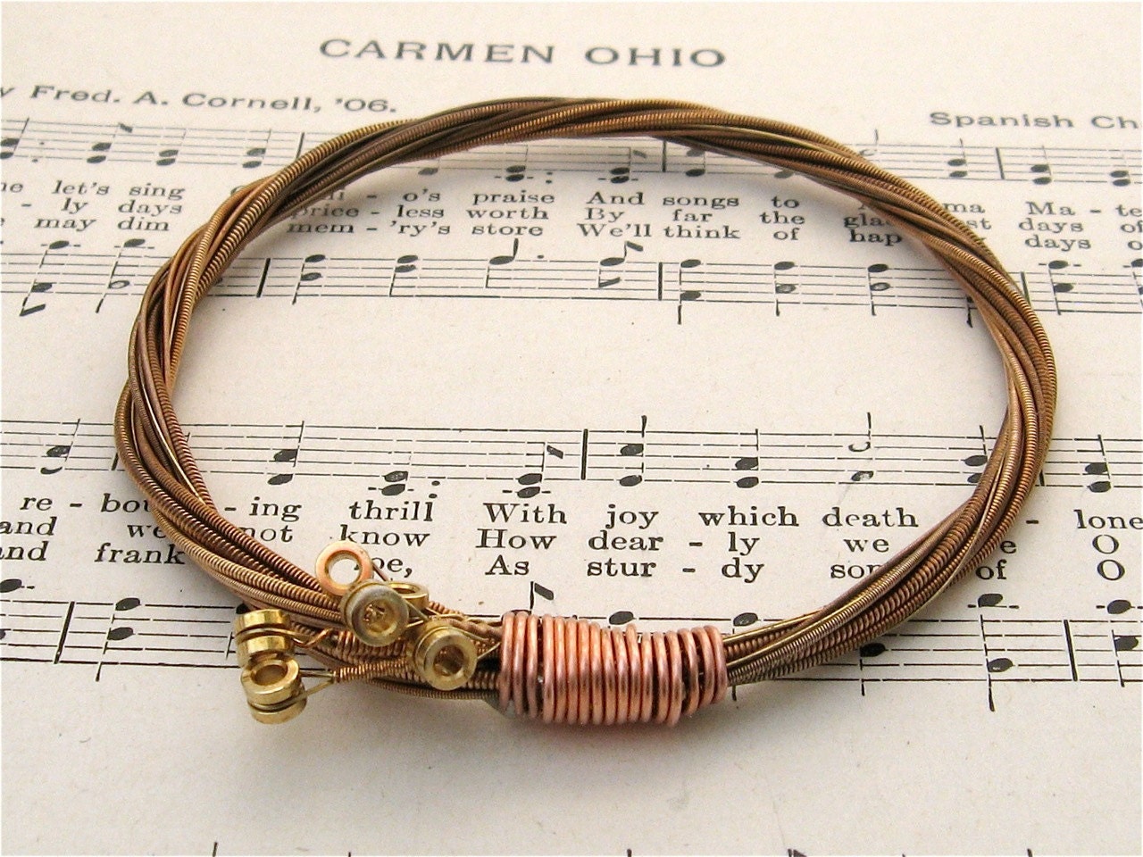 Recycled Acoustic Guitar String Bracelet copper colored with brass ball ends attached Mens or Womens MEDIUM free shipping to US