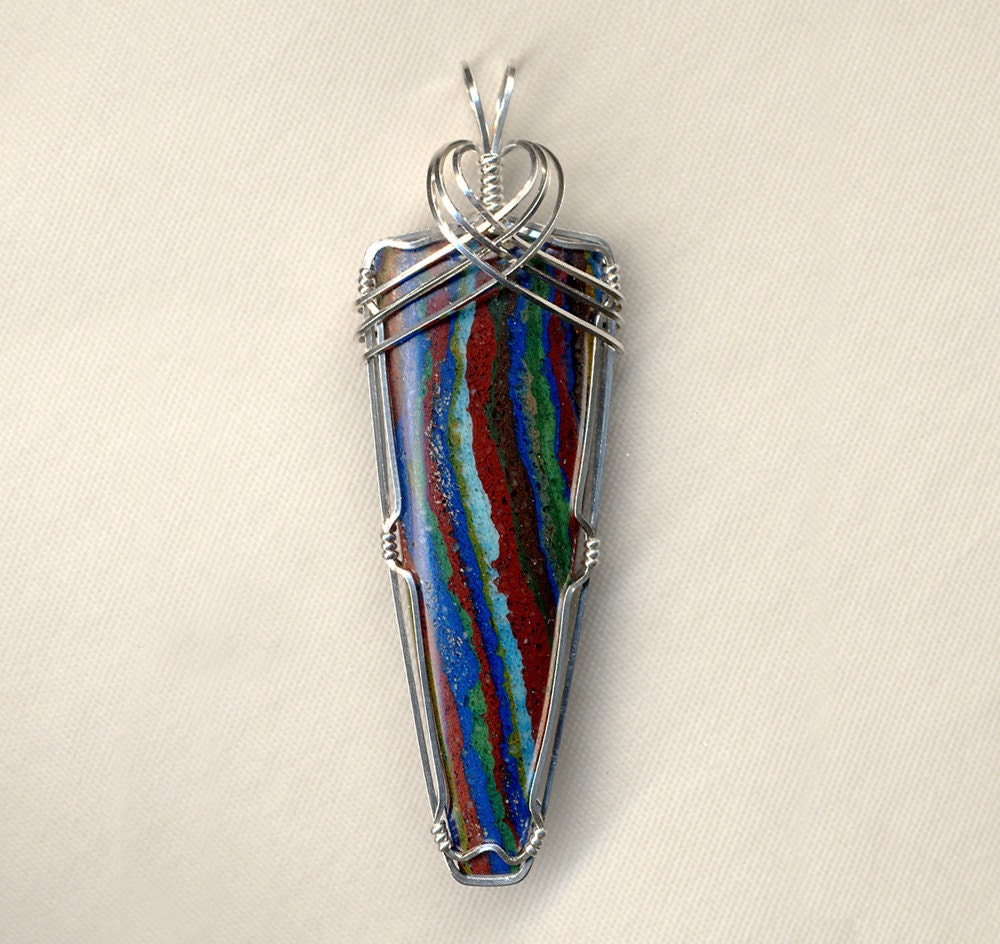 Rainbow Calsilica Cabochon Wire Wrapped Pendant