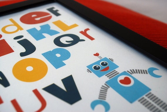 Robot Wall Print, 8 x 10, Alphabet Robot illustration and Typography Wall Print Poster Boy Room