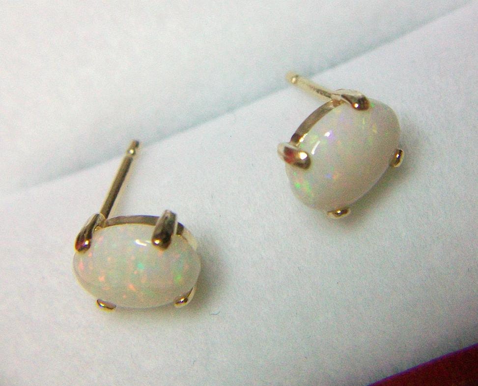 Genuine White Opal Earrings 14K Yellow Gold