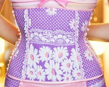 Lilac & White Swiss Dots with Daisies Steel Boned Underbust Corset - SAMPLE SALE - Size XSmall -  Handmade Vegan Bridal Vintage