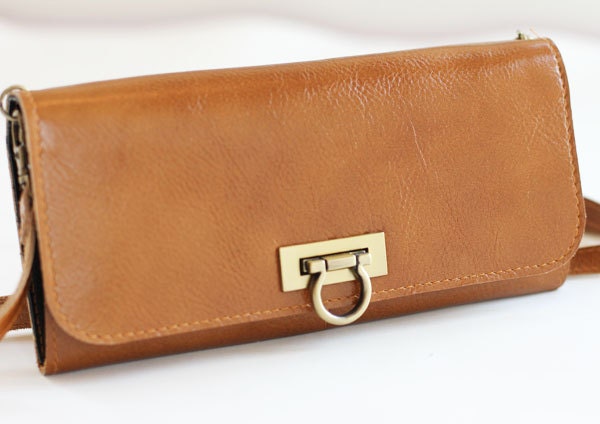 Classic Brown Leather Clutch -  detachable leather strap