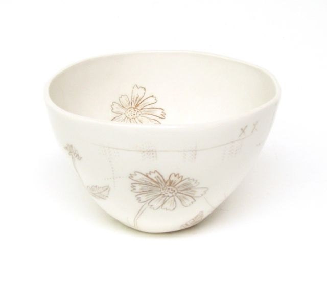 Sepia Flower Porcelain Bowl With Coreopsis Flower