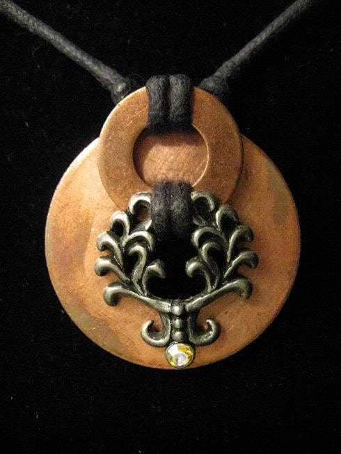 urban artifact necklace - patinated copper washers, pewter jewelry component with aurora rhinestone