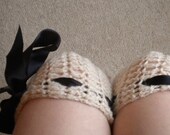 Brigitte inspired crochet fashion leg warmers in beige with black ribbon