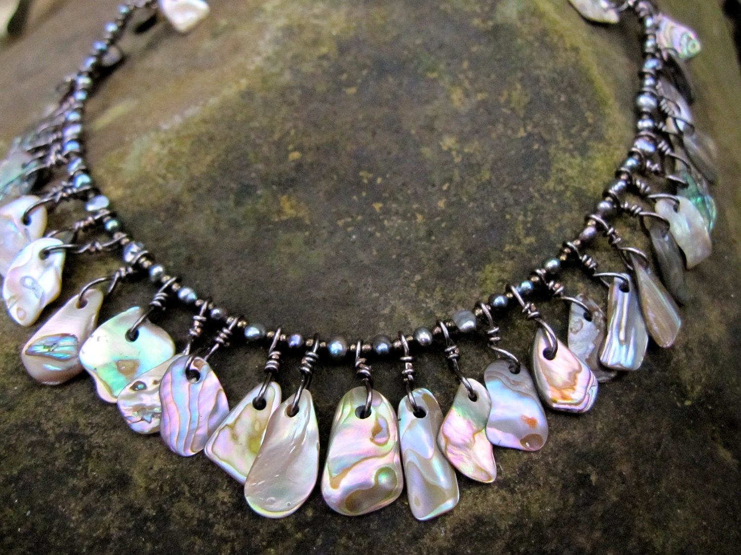 Abalone Necklace hand made with Santa Barbara Channel Islands abalone, hand polished and drilled, and copper wire, and pearls.