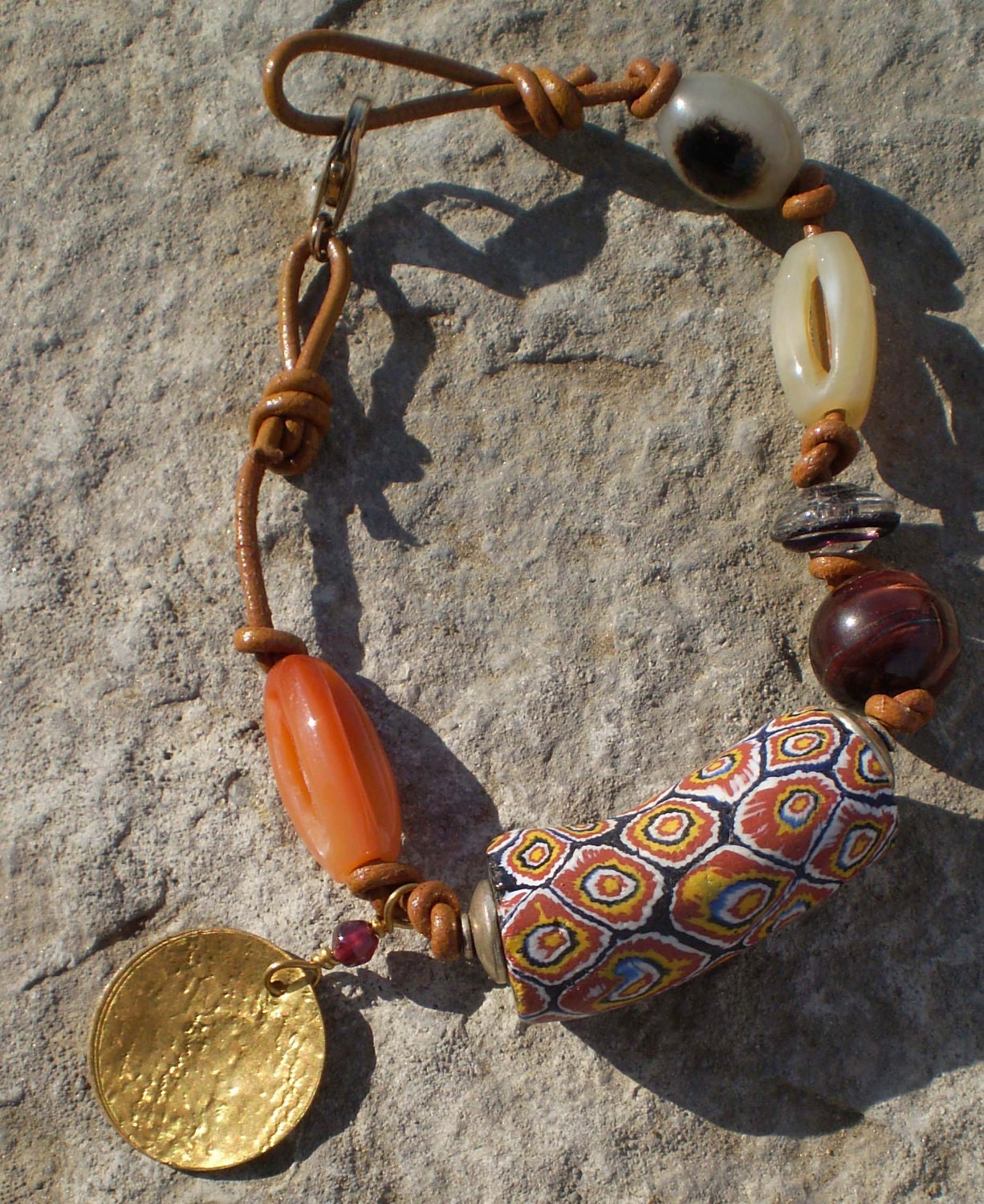 Plus size leather bracelet with vintage bead