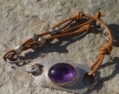 Rustic Amethyst and sterling leather bracelet 7 inches