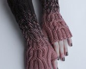 SALE 25% off - Coupon code "SALES" - Tea-rose and Brown Cabled Fingerless Gloves / Arm Warmers / Mittens