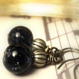 Black Crackle Marble Earrings - Beaded - Wire Wrapped - Antique Sterling Silver - Marble Jewelry