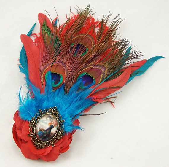 Turquoise & Red Feather Fascinator Waterhouse "Miranda" Pre-Raphaelite Cameo Hair Clip