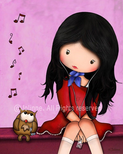 Owl and girl Children art print for kids room or nursery original drawing reproduction music pink
