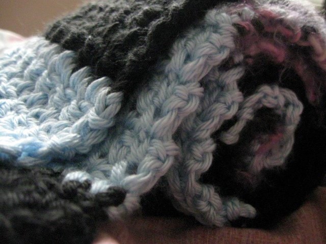 Crochet Striped Scarf, Soft and Fuzzy Rose, Purple, Blue, Gray and Black Blocks