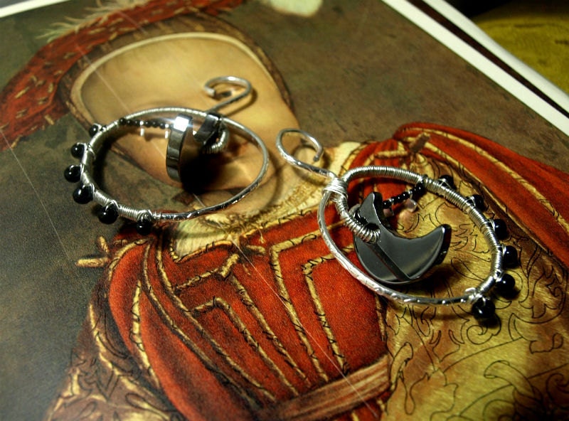 Hematite crescent moons, onyx, and black glass silver circle ear weights