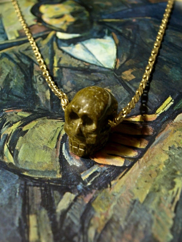 Bronzite carved gemstone skull on vintage gold chain necklace