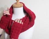 Red Infinity Cowl Fingerless Gloves Mittens, Fall Trend Hand Knit For Her Winter Fall Holiday Accessories READY TO SHIPPING