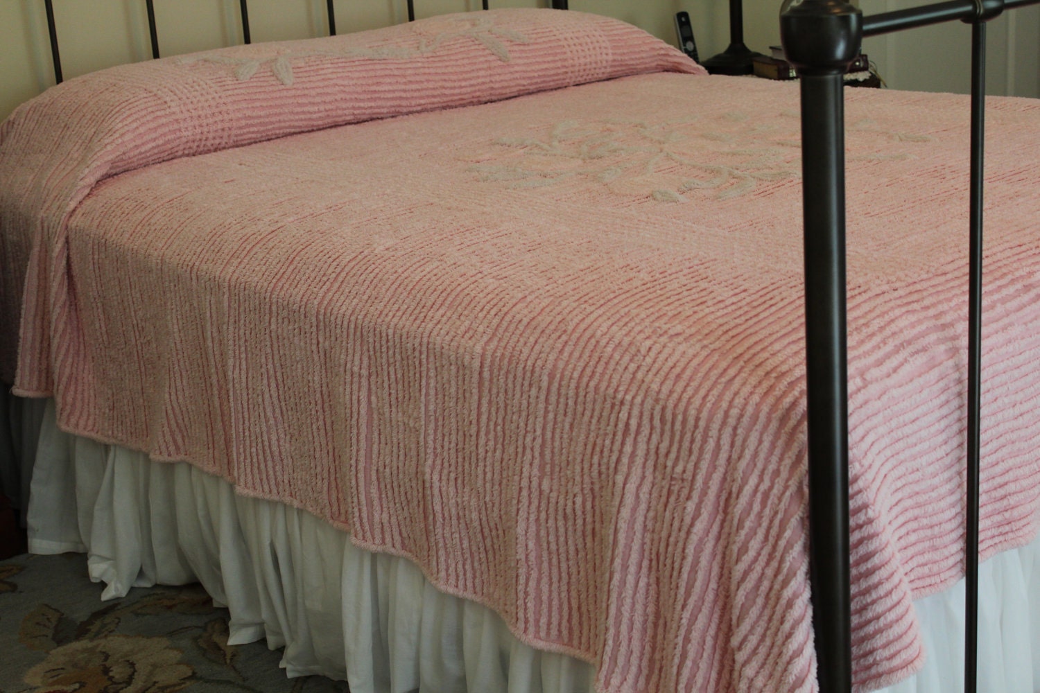Cottage Style - Vintage Chenille Bedspread - Cotton Candy Rosey Pink with Pale Peach Green Flowers - Fluffy Soft - Full or Queen - Cottage