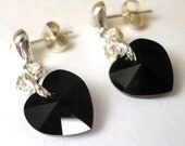 Black Crystal Heart Earrings - Sterling Silver Posts - Swarovski Jet Matte Black Noir Crystal Heart Earrings