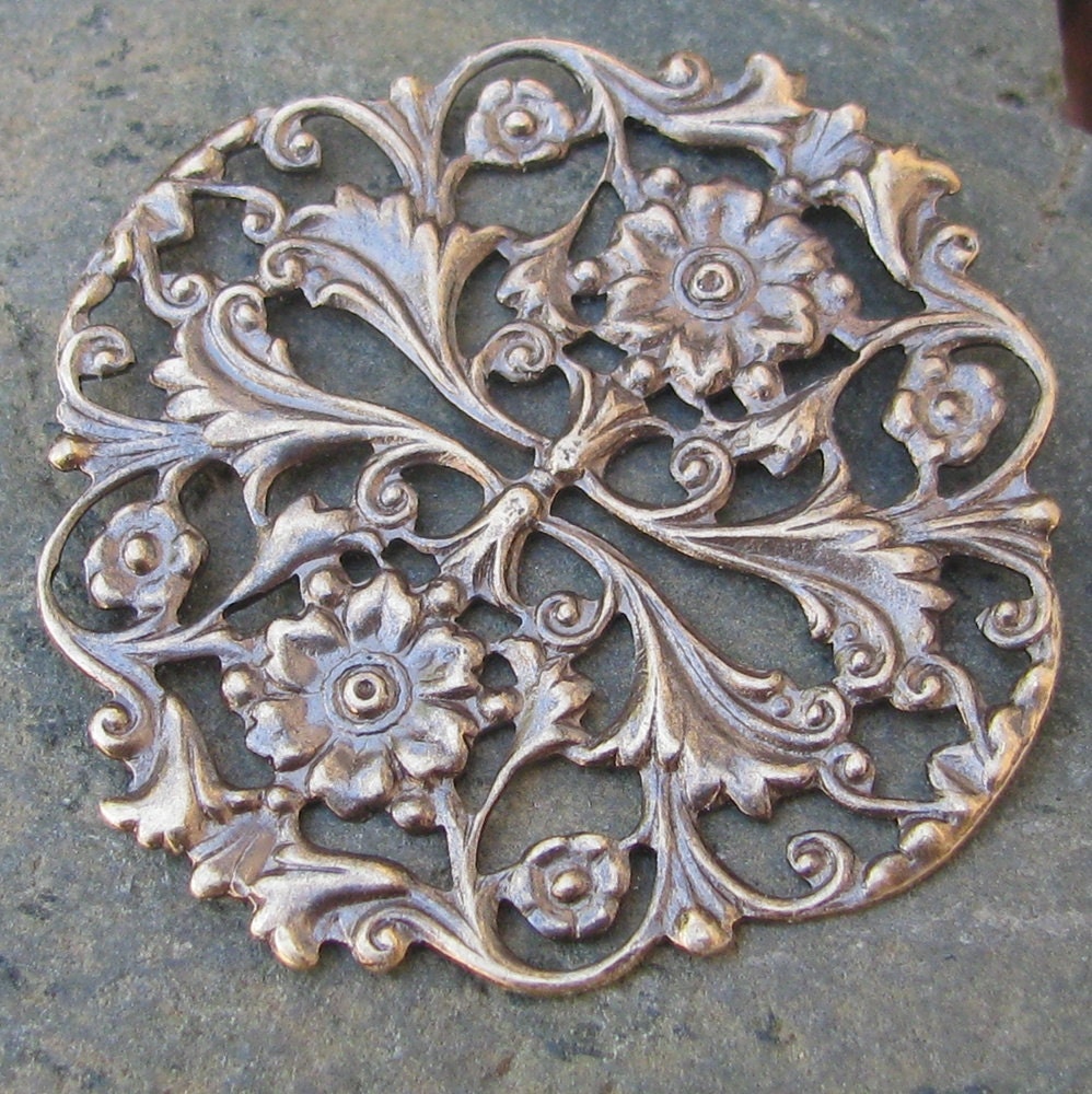 Round Filigree Brass Jewelry Findings Antiqued Brass Color 1306 - 6 pieces