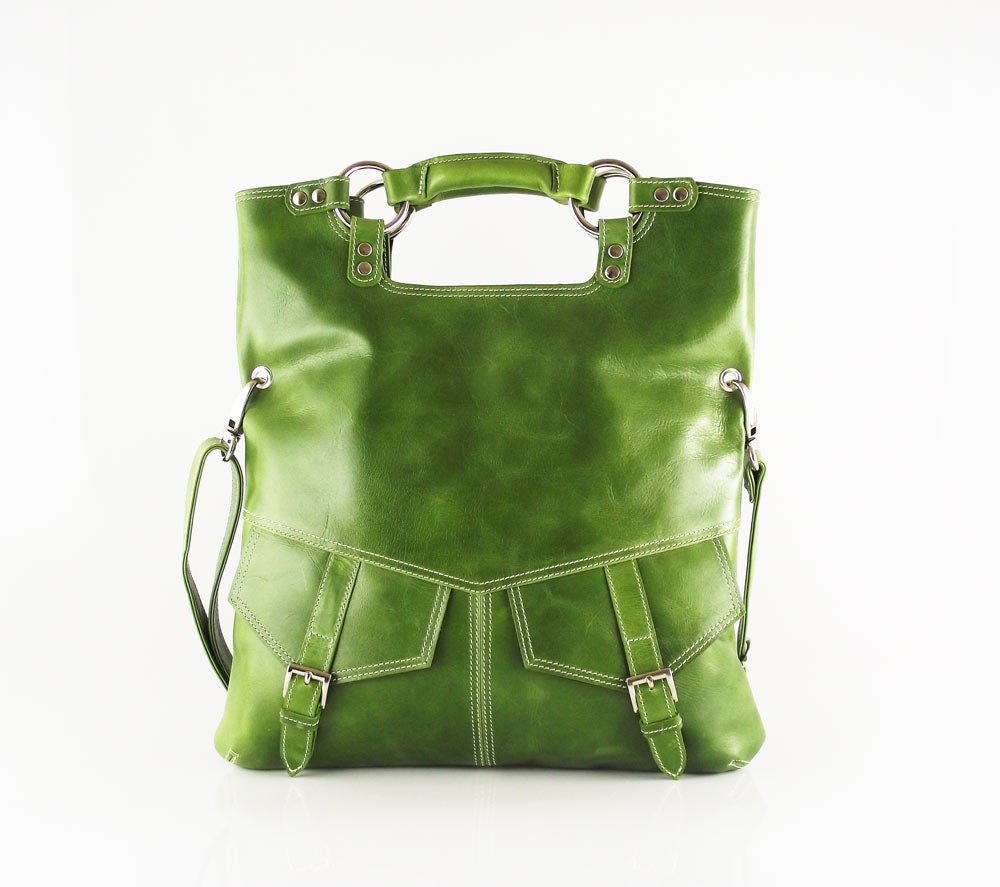 Olive green  leather handbag / shoulder bag / purse / tote / Brook / tftateam