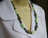 Chunky gemstone necklace with black onyx and yellow green chrysoprase
