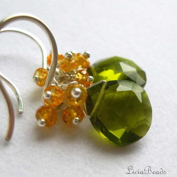 Mandarin Martini - Spessartite Garnet and Olive Quartz cluster earrings