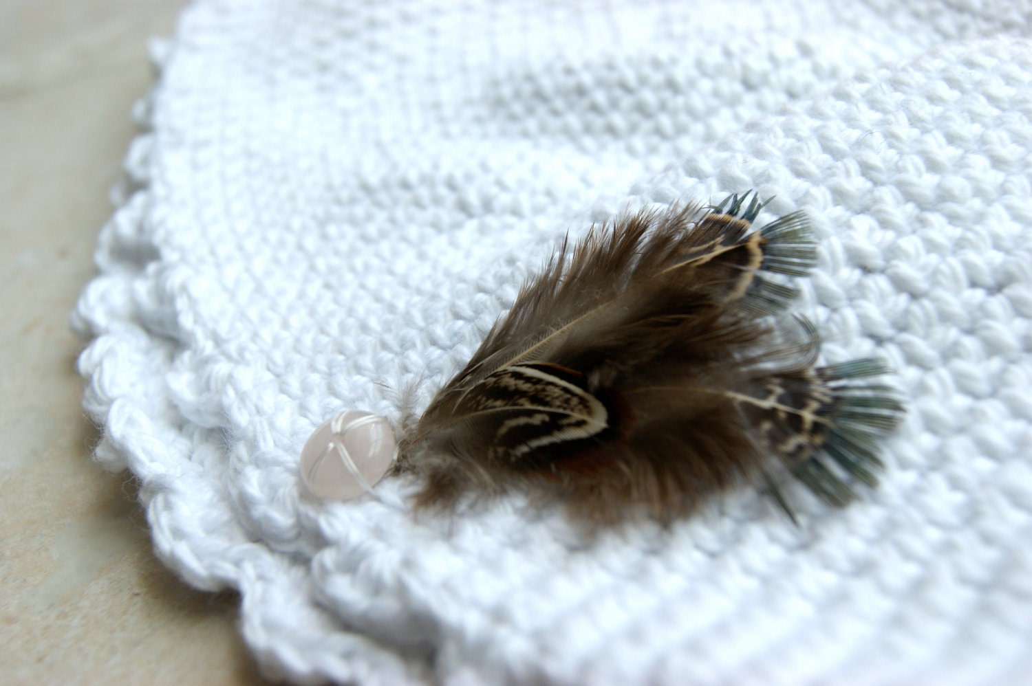 SALE Luxury Soft 100% Cotton Crochet Hat with Feathers & Rose Quartz