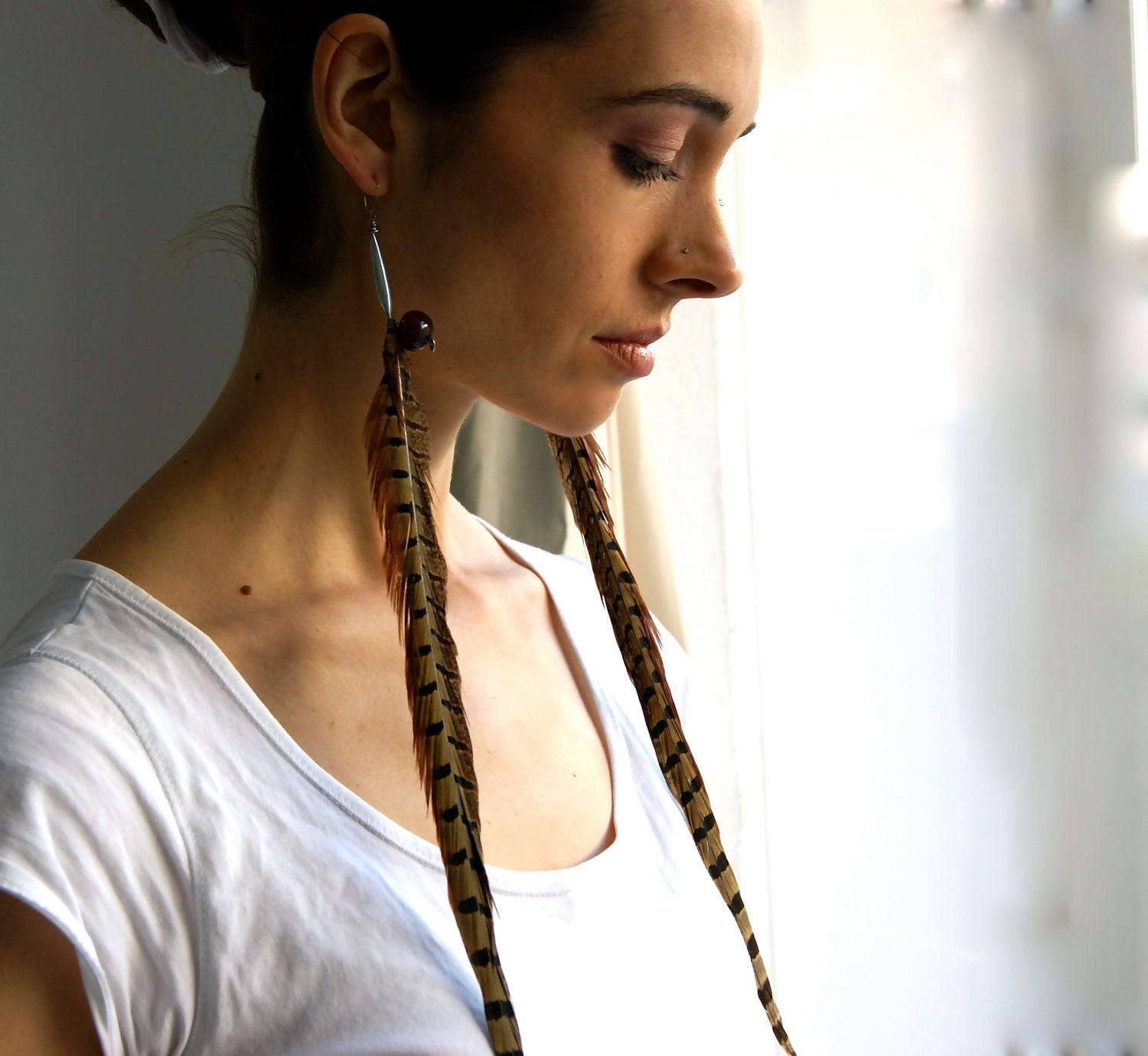 Carnelian and Pheasant Feather Earrings