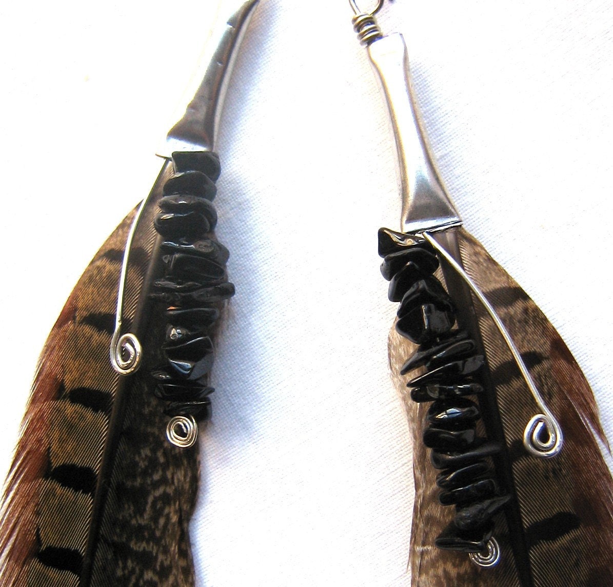 Black Tourmaline Pheasant Feather Earrings-Silver wire wrapped
