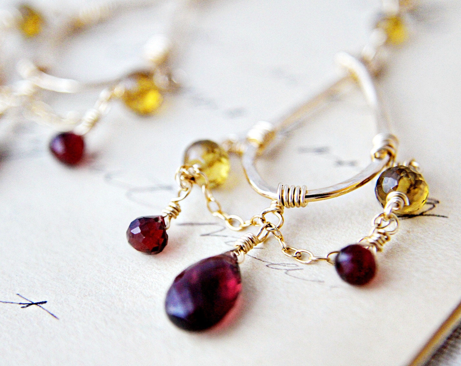 Chandelier Earrings Marrakech Rubelite Garnet Metalwork 14K Gold Fill Whiskey Quartz Luxury Fashion