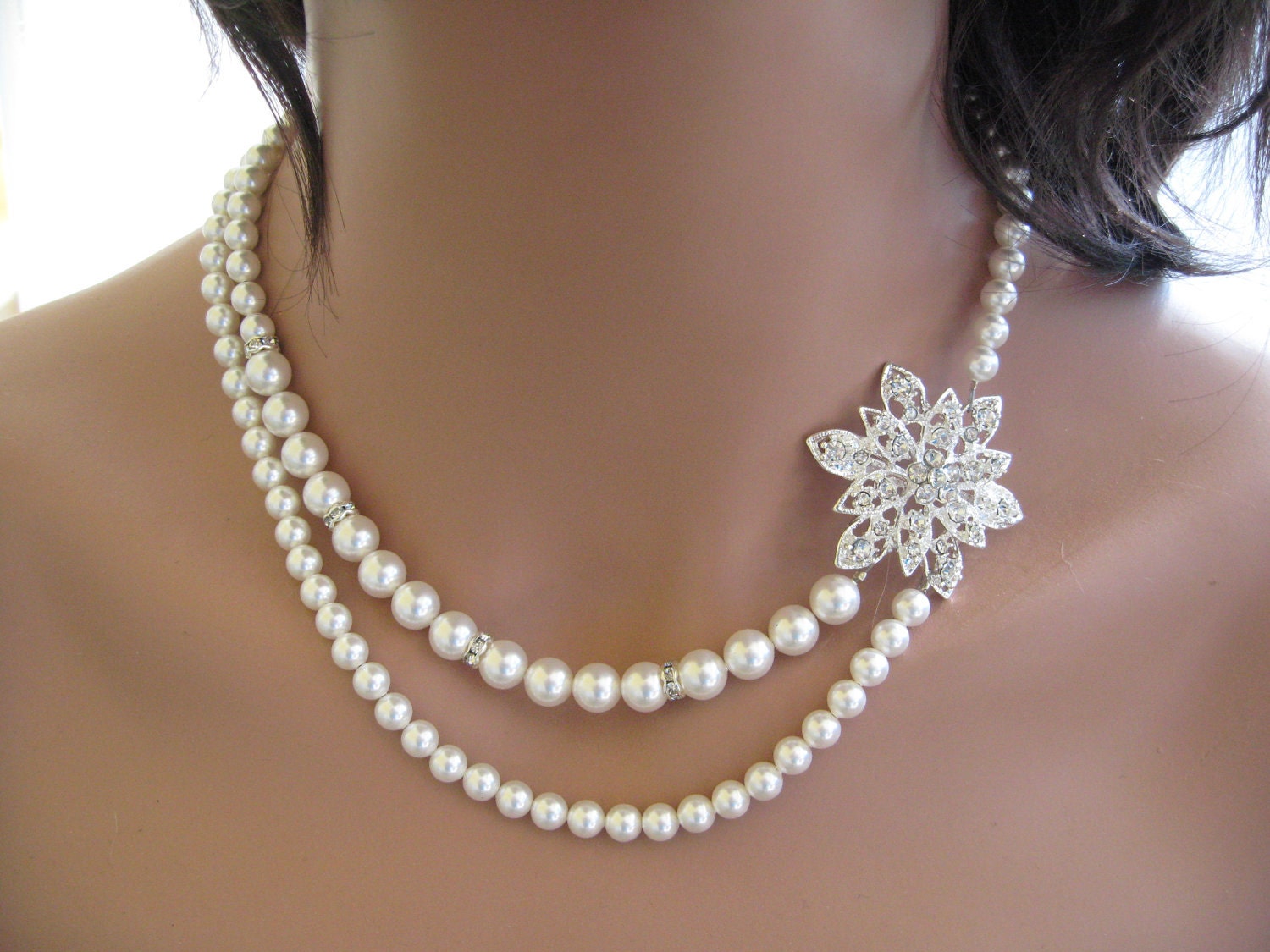 Vintage Inspired Swarovski Pearl and Crystal Bridal Double Strand Pearl Necklace with Flower Rhinestone Brooch Bridal Jewelry