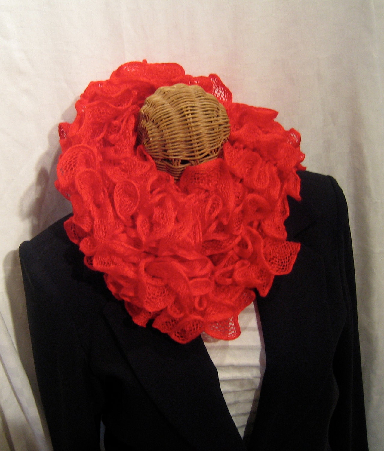 Hot RED frilly and ruffle enhanced ruffle fashion scarf for women