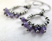 Silver Beaded Ring Earrings with Amethyst