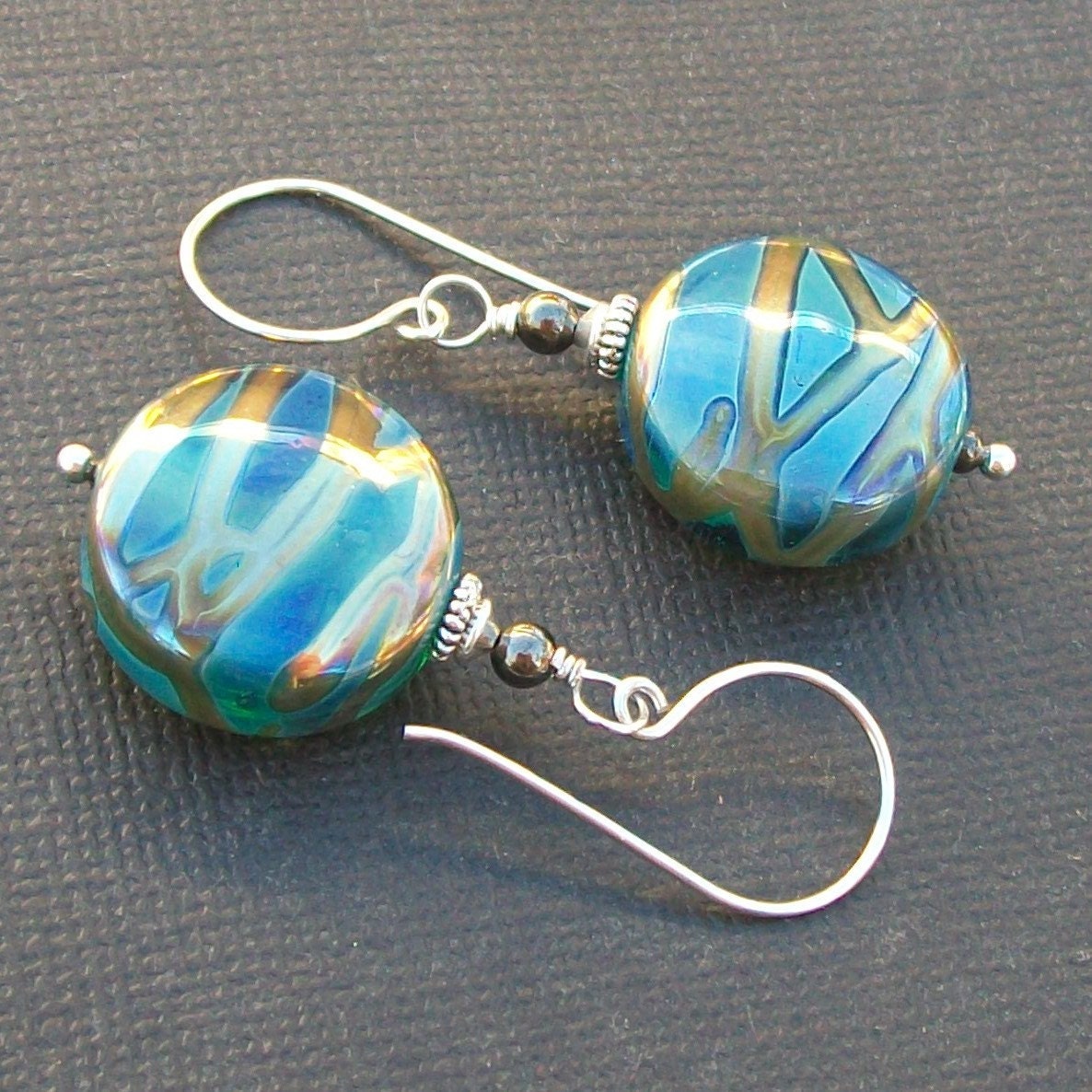lampwork glass earrings metallic teal, aqua, cobalt blue silver patterned beads-  blue ice