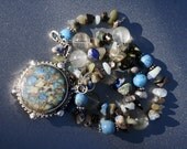 RESERVED: BLUE BAYOU Necklace (Lapis, Sterling Silver, Moss Agate, Marcasite, Blue Lace Agate, Green Hair Quartz)