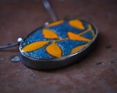 Enameled Orangle Leaves on Blue Pendant with Sterling Silver Necklace