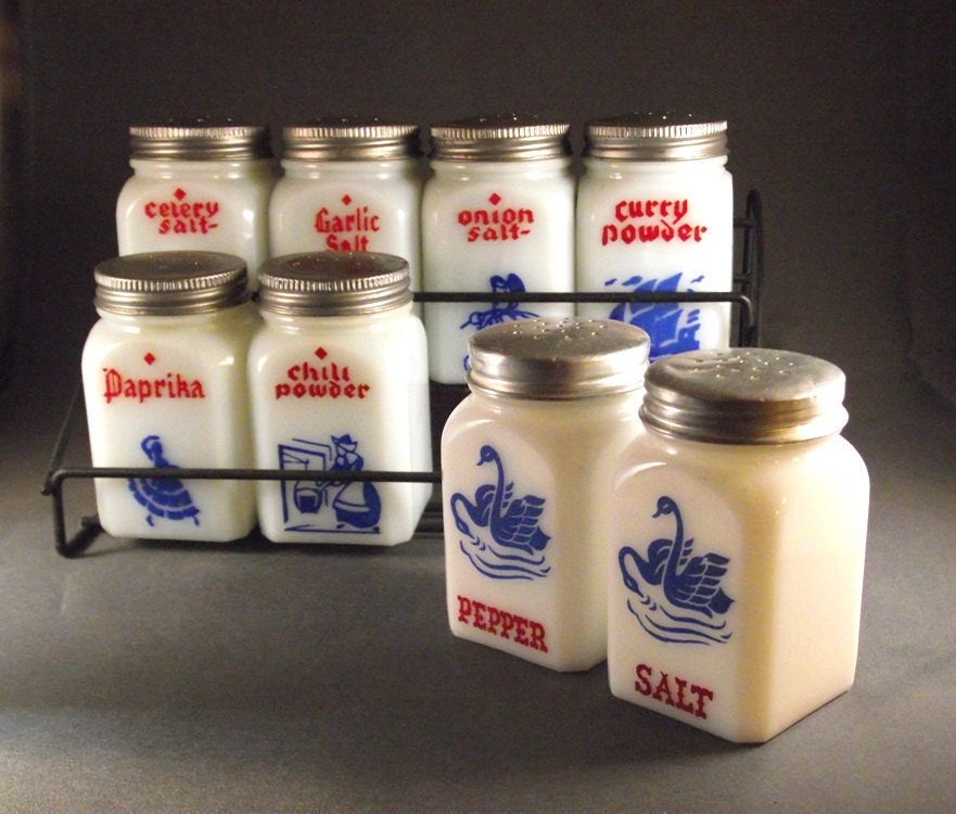 Antique Milk Glass Spice Set - 8 Spice Jars and Cast Iron Rack