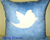 Free US shipping Unique Designer 16x16 Faux Suede Light and Dark Blue Pillow Cover with  Twitter Bird Icon  Applique