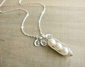Personalized 3 Peas in a Pod wrapped in Sterling Silver - Choose your INITIAL and PEARL COLOR
