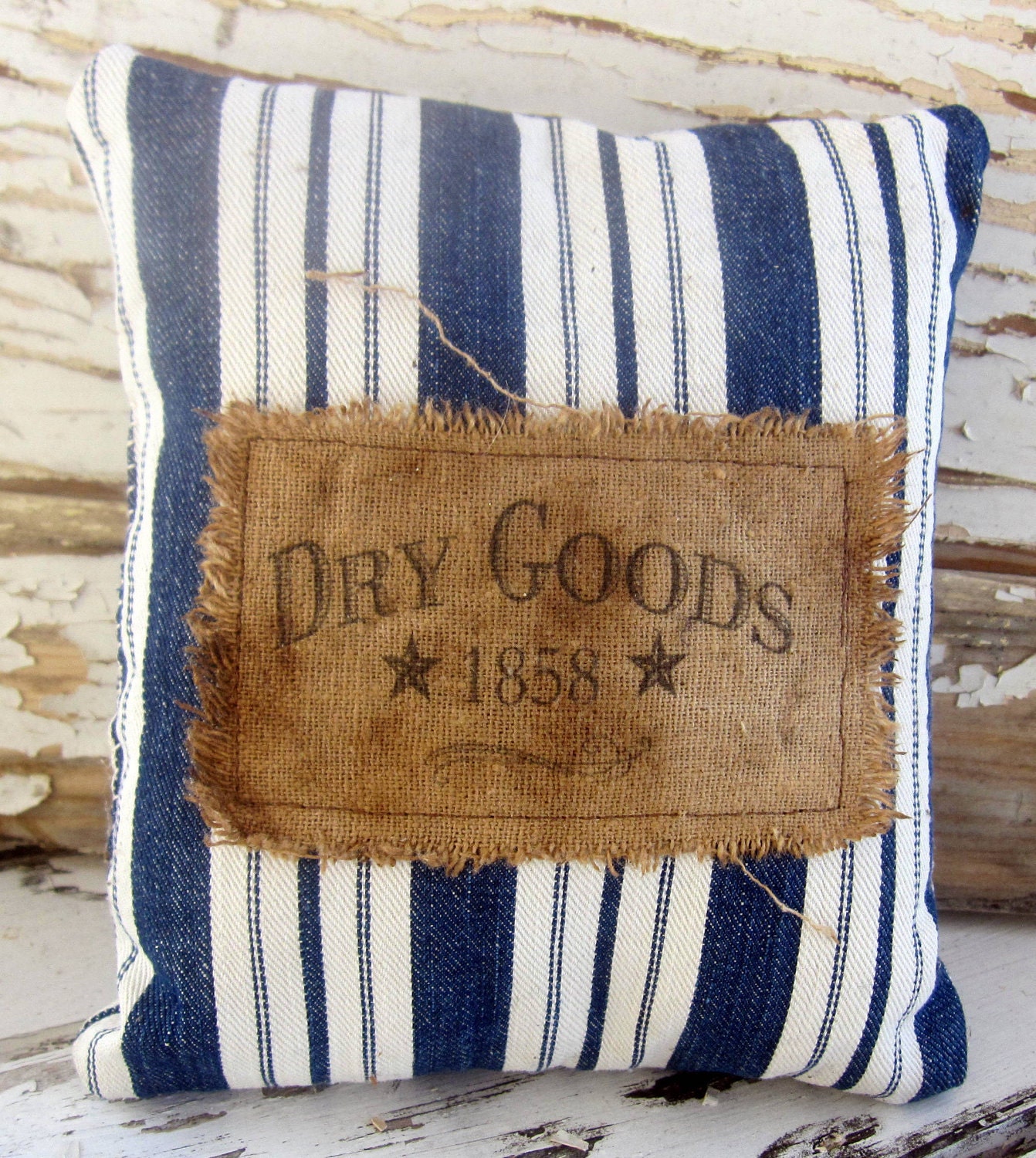 Primitive Pillow Farmhouse Navy Striped Vintage Ticking
