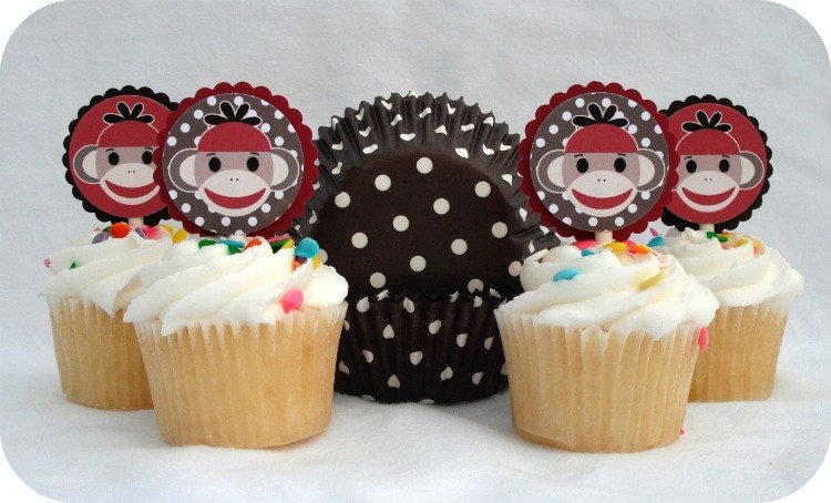 Sock Monkey Cupcake Toppers & Baking Cups (Qty 24)