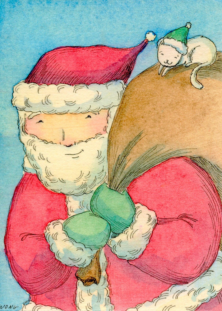 Original ACEO Painting -- Santa and the kitty elf