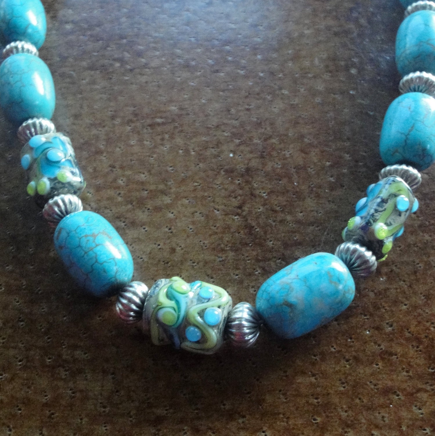 Turquoise Statement Necklace with Grace Lampwork Beads - December Birthstone - Ready to Ship