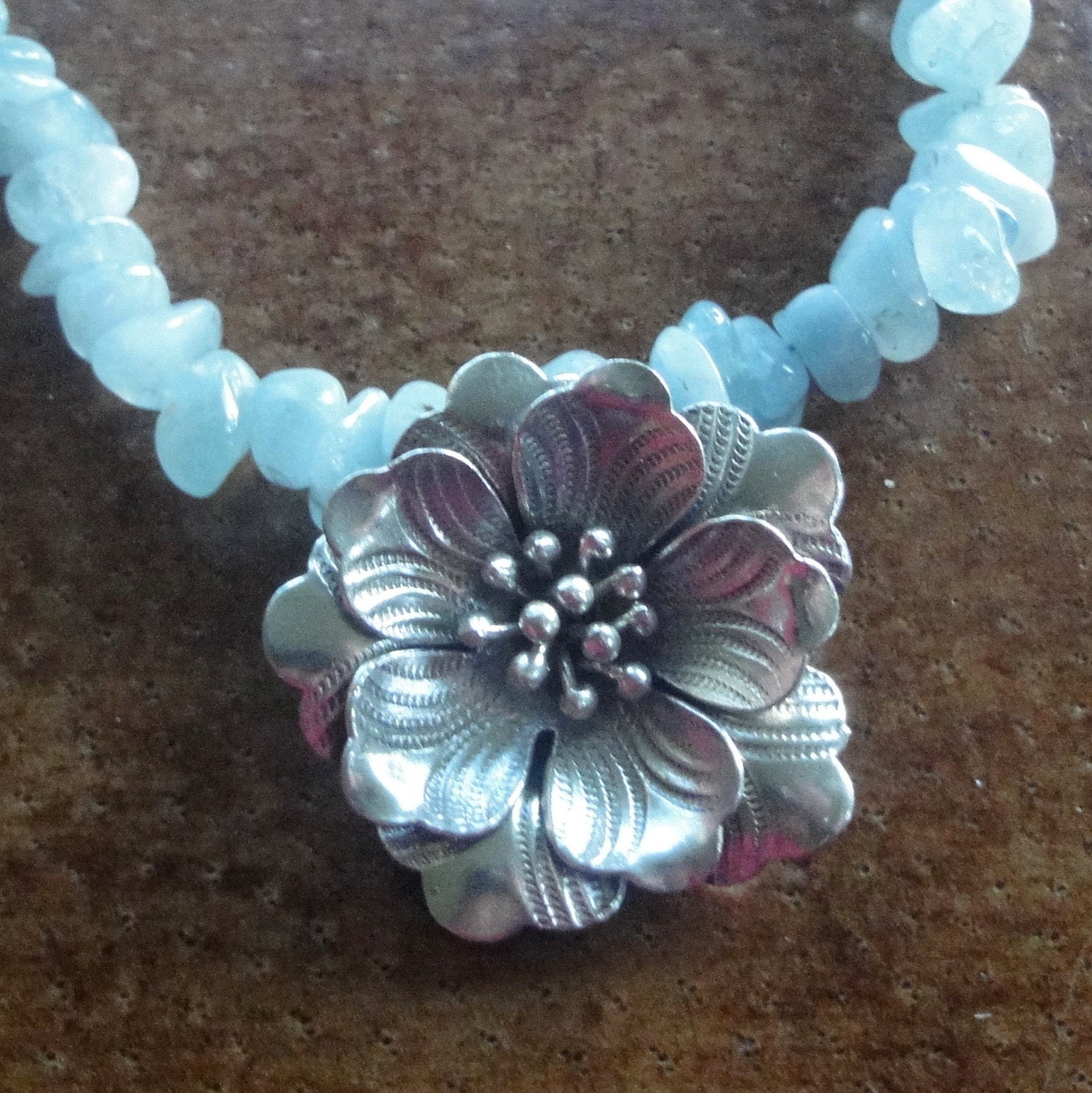 Aquamarine Statement Necklace with Hill Tribe Silver Flower Pendant - March Birthstone - Ready to Ship