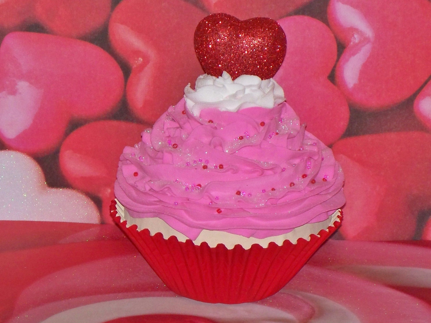 One Jumbo Fake Valentine Cupcake, Pink, White, Red Heart on Top, great for Photography Prop, Party Decor, Centerpiece