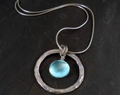 Aqua Chalcedony and Hammered Silver Pendant Necklace - FREE shipping