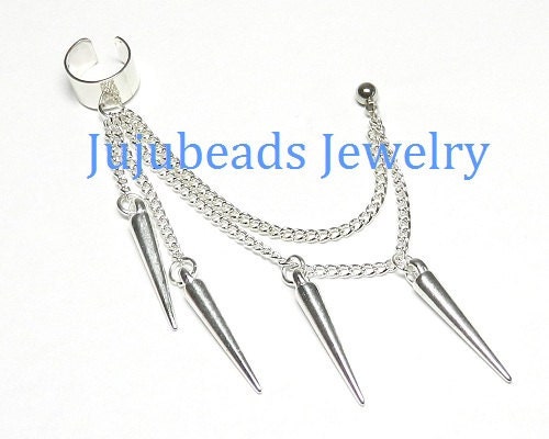 READY to be SHIPPED Silver Spikes Chain Ear Cuff